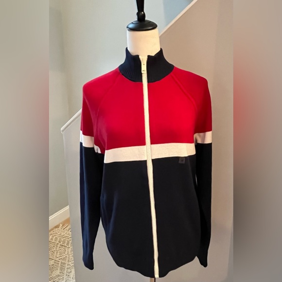 EXPRESS Cardigan Mock Turtle Neck Sweater Full Zipper Bold Red White Navy - Picture 6 of 12